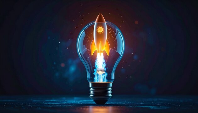 Creative startup innovation concept with glowing light bulb and rocket illustration, idea launch and growth metaphor, futuristic digital overlay, dark background, cinematic lighting, no text, no logo