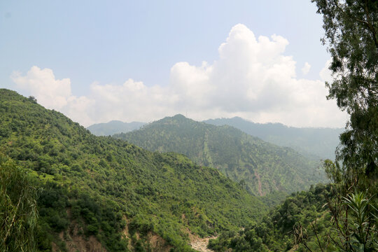 Nathia Gali, Ayubia, Pakistan scenic green mountains landscape with lush forest hills, cloudy sky and dry stream valley, beautiful northern areas of Khyber Pakhtunkhwa nature view