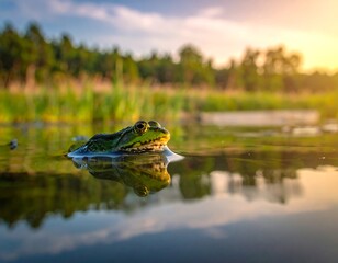 Fototapeta premium A frog swimming in a pond, reflecting sunlight during sunset