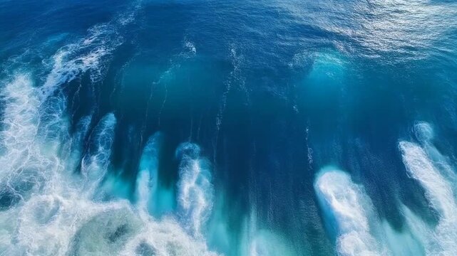 Aerial view of a massive ocean wave crashing with blue water and white foam