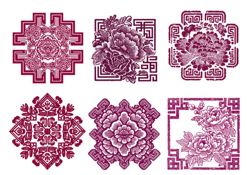 Set of traditional Asian magenta peony flower patterns with geometric lattice frames (Vintage stamp seal concept) (기하학적 격자 프레임이 있는 전통 아시아 자주색 모란꽃 패턴 세트 - 빈티지 도장 인장 컨셉)