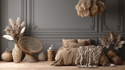 Elegant bedroom interior with neutral tones and decorative elements