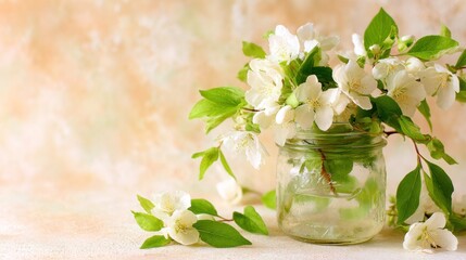 Elegant bouquet of white flowers in a glass jar on a pastel background