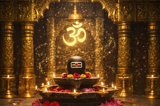 Lord Shiva Shivling with Aum Om in Glowing Golden Hindu Temple