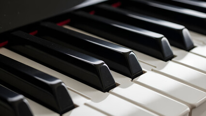 A detailed view of a piano's black and white keys, highlighting the contrast and depth of the musical instrument.