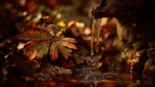 Autumn scene. Water streams from a spout over leaves. Focus on leaf with water droplets