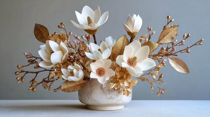 Elegant floral arrangement featuring white flowers and golden accents in ceramic vase