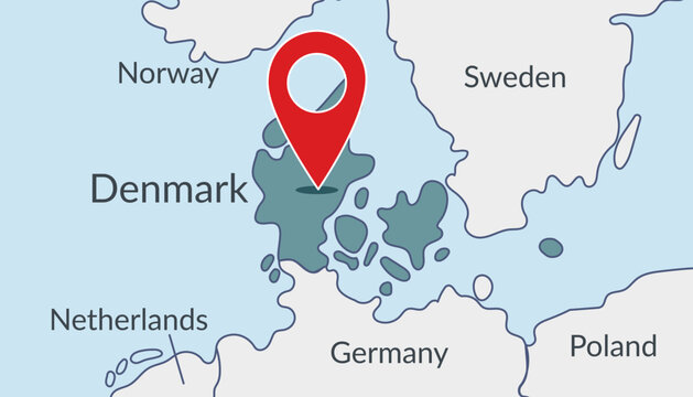 Denmark on the Europe map with pin location marker. Vector flat template.