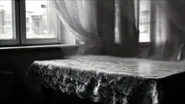 A grayscale interior, a window with curtains blowing, and a table with a lace tablecloth