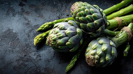 Vegan Nutrition: Top View of Raw Artichokes and Asparagus on Elegant Dark Table