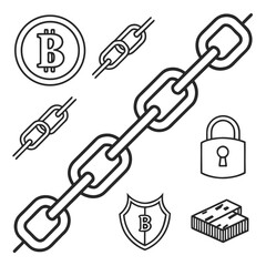 Obraz premium Black and white illustration of bitcoin chain and security icons