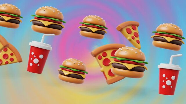Fun 3D Animation of Fast Food and Drinks Floating on Colorful Swirl Background
