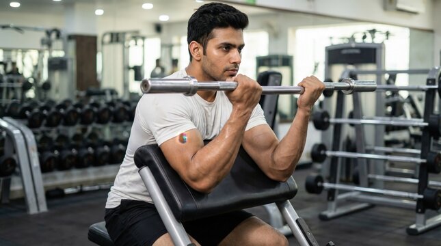 Man doing bicep curls with barbell in a gym