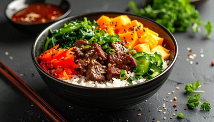 Colorful and Nutritious Bibimbap Bowl Presentation for Healthy Eating and Lifestyle Concepts.