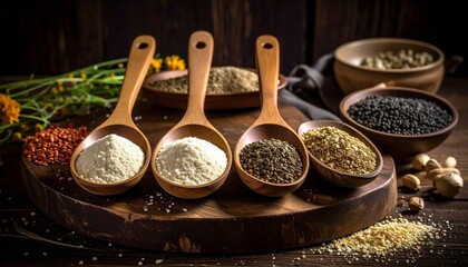 Natural ingredients concept. Wooden spoons and bowls filled with ground material perfect for wellness and healthy living themes.