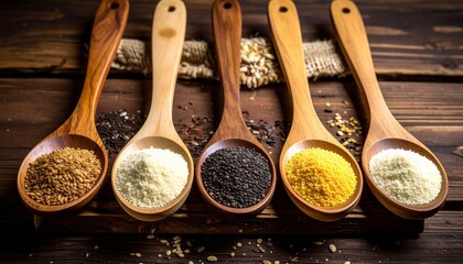 Variety of natural ingredients in wooden spoons on rustic wood surface for culinary or wellness themes.
