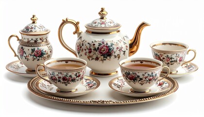 Elegant tea set arrangement for afternoon tea service delicate porcelain floral pattern with gold accents.