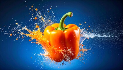 Vibrant Orange Bell Pepper Splashed with Water Freshness and Vitality Concept for Wellness and Healthy Eating.
