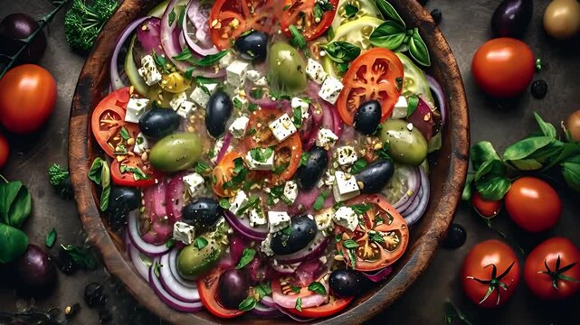 Vibrant Salad Composition Featuring Tomatoes Olives Red Onion and Feta Cheese on Rustic Wooden Plate