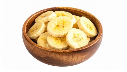 Ripe Banana Slices in Wooden Bowl on White Background for Healthy Eating and Lifestyle Concept.