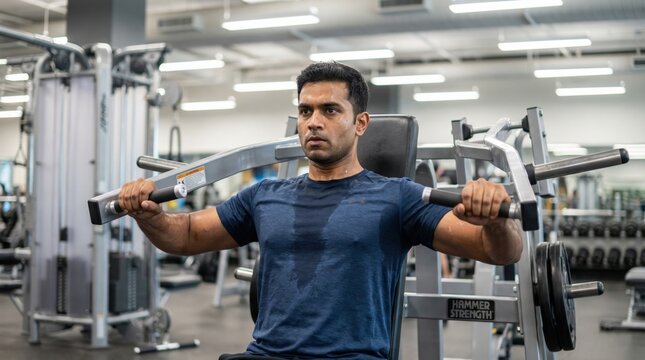 Man doing chest press exercise on machine in a gym
