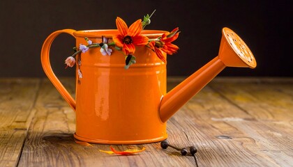 Orange Watering Can with Flowers on Rustic Wood Surface a Symbol of Growth Care and Natural Beauty.