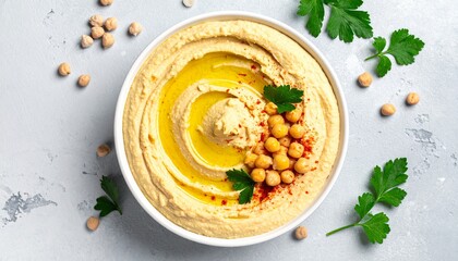 Creamy Hummus Bowl with Chickpeas and Fresh Parsley Flat Lay for Healthy Eating and Middle Eastern Cuisine.