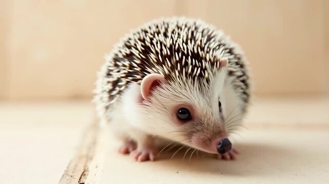 Cute baby hedgehog walking on wooden floor close up portrait in soft light