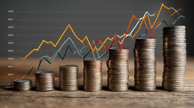 Stacks of coins arranged in ascending order representing financial growth with overlaid colorful line charts.