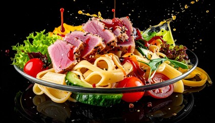 Seared Tuna Pasta Salad with Colorful Vegetables and Dressing Splash on a Black Background.