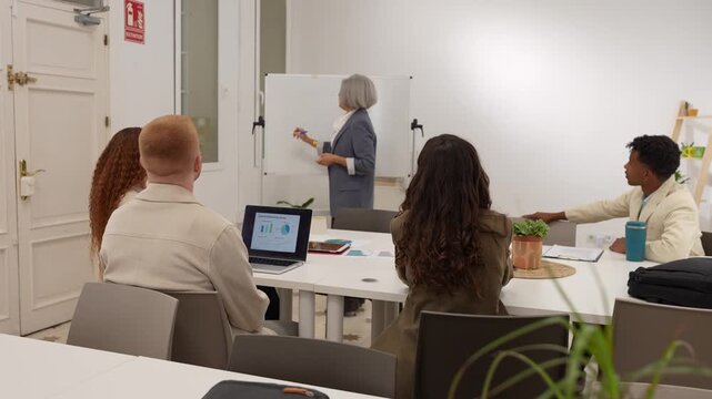 Mature female manager mentoring a diverse group of young employees. A professional team discussing strategy during a brainstorming session
