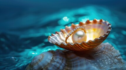 Obraz premium Elegant pearl ring resting in an open seashell displayed on a serene turquoise ocean background