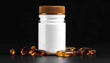 White Pill Bottle with Brown Lid and Softgels on Dark Background for Health and Wellness Product Photography.