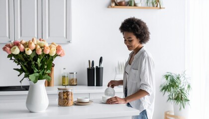 Young woman preparing tea in a bright kitchen with flowers creating a peaceful and relaxing atmosphere.