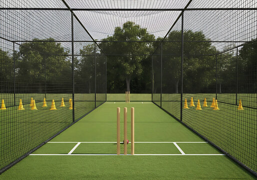 Cricket Practice Net with Training Cones and Cybersecurity