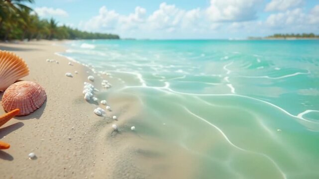 Seashells and starfish on tropical sandy beach with turquoise ocean waves and palm trees
