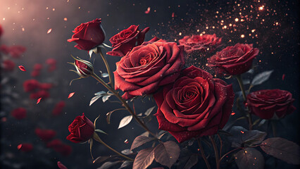Deep red roses bouquet with velvety petals and dew drops on dark moody background