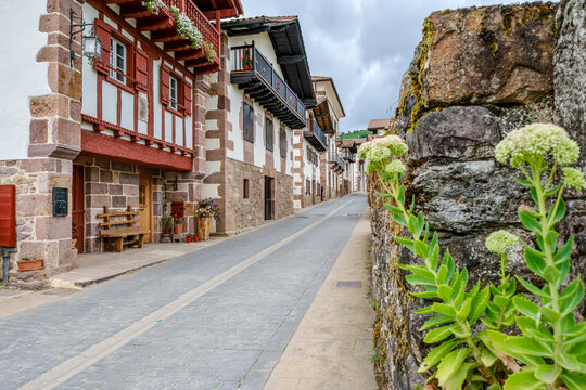 Traditional Stone Houses on Main Street of Amaiur, Baztan Valley, Spain