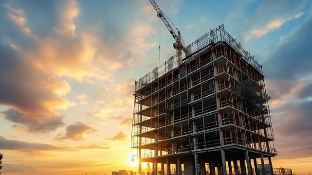 A construction site with a building under development at sunset, showcasing a crane and scaffolding against a vibrant sky with orange and blue clouds.