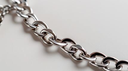 Fototapeta premium Close-Up View of Shiny Silver Chain Links on a Soft White Background, Highlighting Texture and Shine of Jewelry Metal