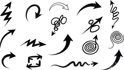 Fototapeta premium Hand drawn black arrow set with curly swirls spiral shapes sketchy pointers and direction indicators vector collection