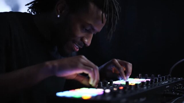 Talented Black Music Producer Performing Live Beat Making on MIDI Pad Controller in Darkened Studio Setting