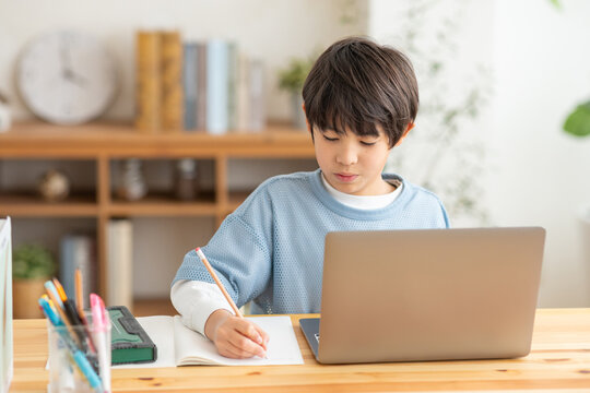 パソコンを使って勉強する男の子