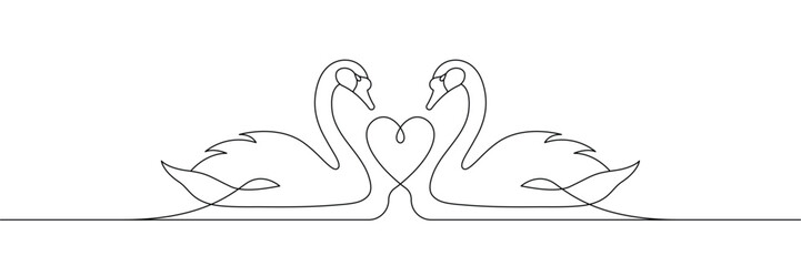Continuous one line drawing of two swans forming a heart shape with necks. Single line drawing. Editable stroke. Doodle hand drawn vector illustration © SomDraw