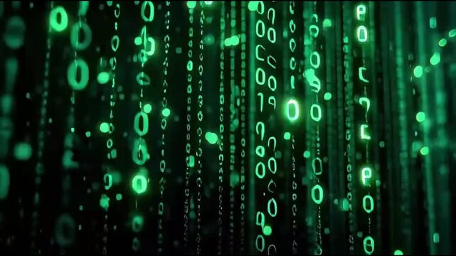 Futuristic digital background with binary code and green glowing numbers.