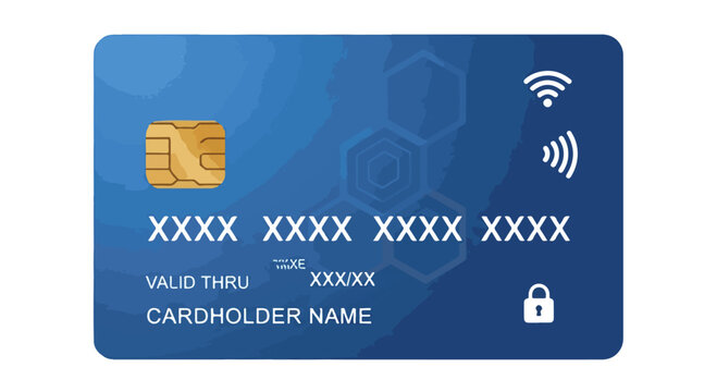 Blue credit card vector with EMV chip, contactless payment, and Wi-Fi symbols. Flat style debit card for online transactions and banking.