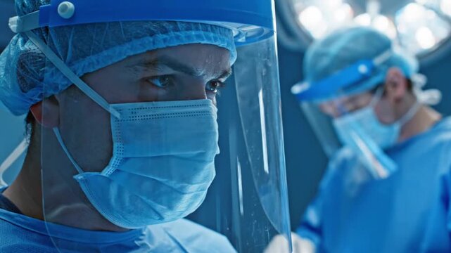 Close-Up Portrait of Professional Surgeon Wearing Face Shield and Mask During Intensive Surgical Procedure in Operating Room