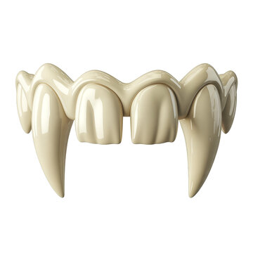 3D render of a pair of shiny beige plastic vampire fangs, isolated on a white background, ready for Halloween or costume party designs.