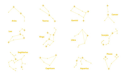 Golden gradient zodiac constellations set with twelve astrological signs on transparent background. Elegant vector illustration of horoscope symbols with stars for astrology and spiritual designs © JaRu Creative Studio