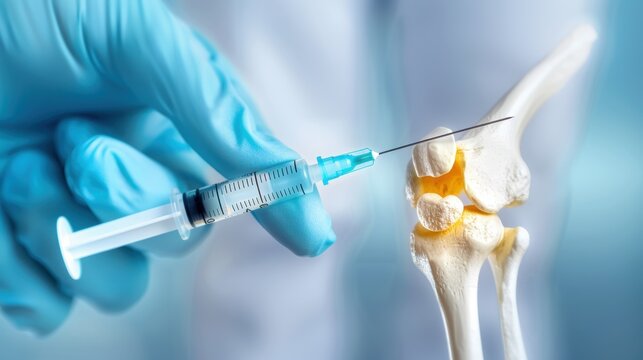 Close-Up Image of Medical Professional Administering Injection to Human Knee Joint for Treatment and Rehabilitation Purposes